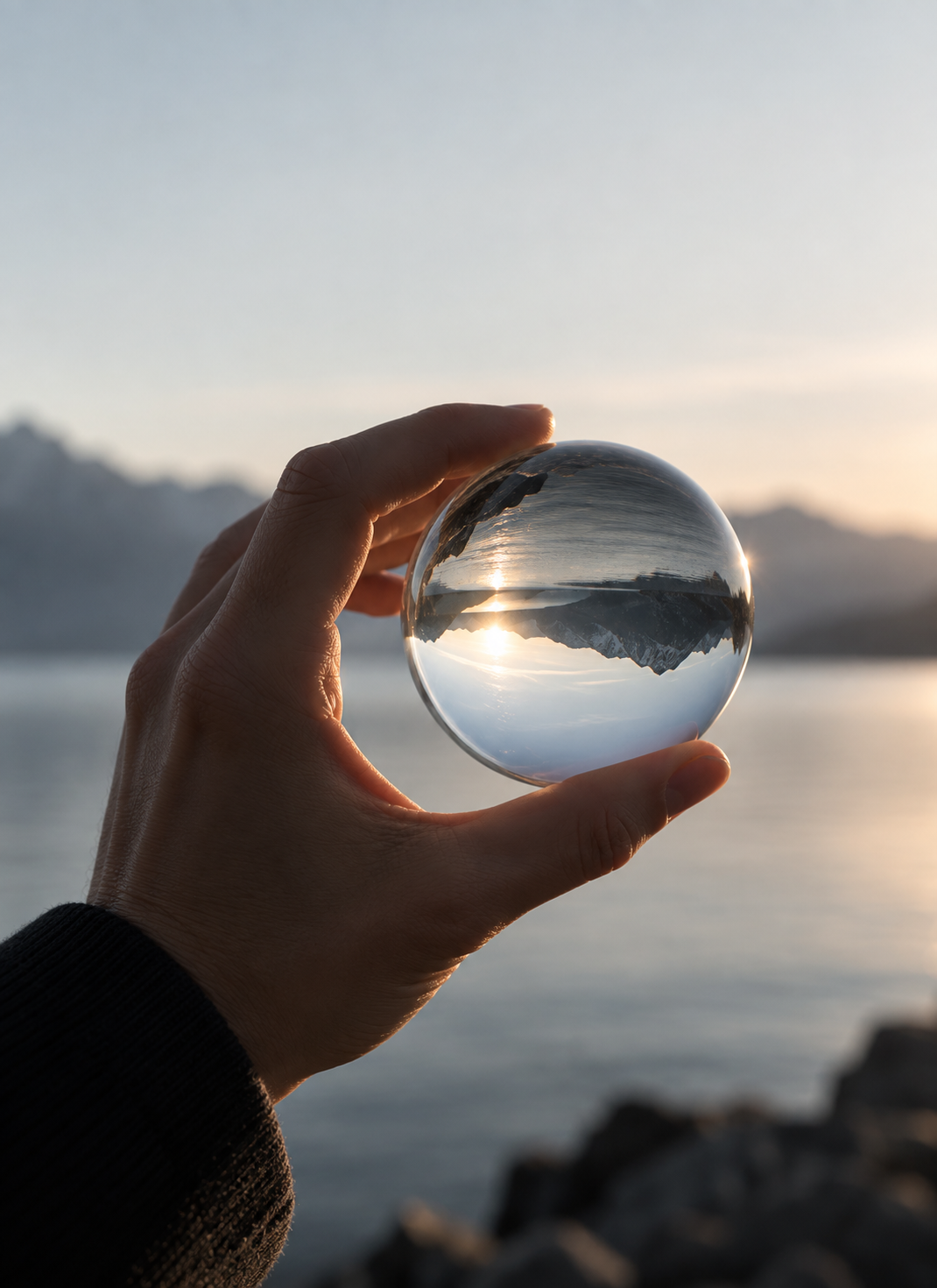 A glass sphere held up to a mountain lake at sunrise