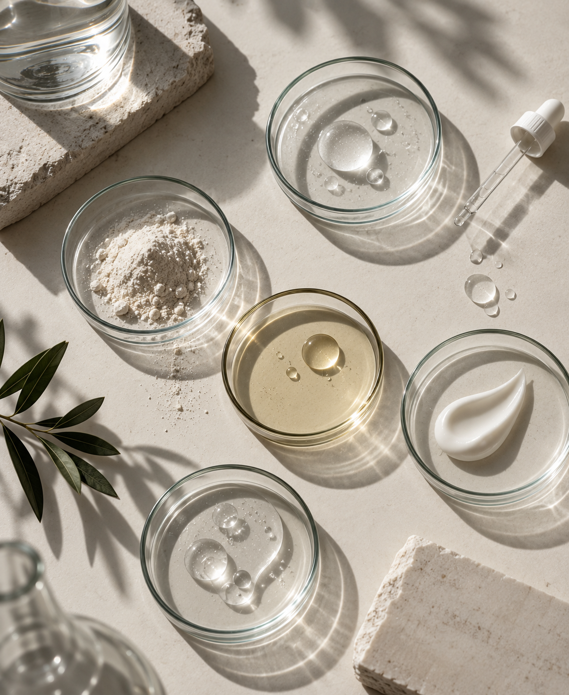 Each ingredient measured out in its own glass dish under daylight