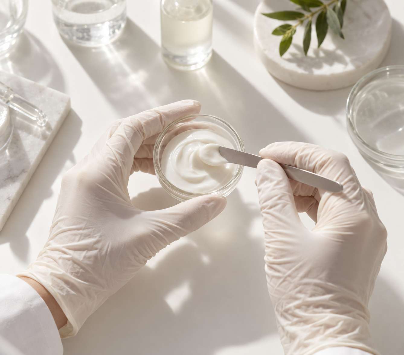 Gloved hands lifting the finished formula from its dish with a steel spatula