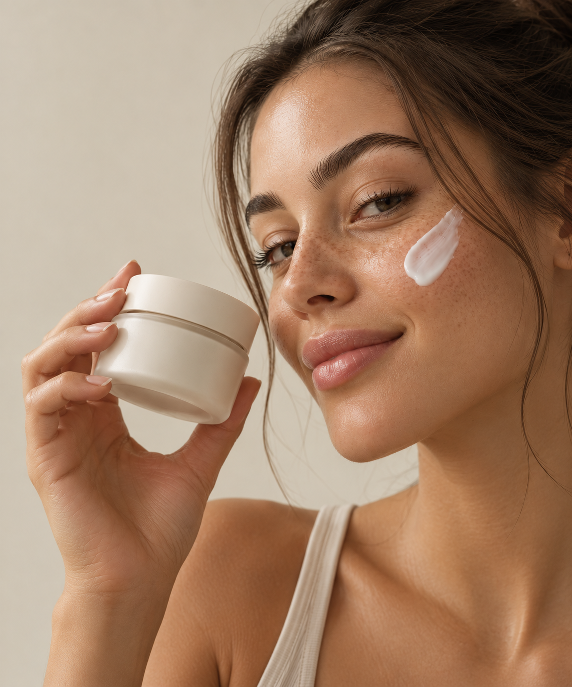 A woman smiling as she blends the cream across her cheekbone