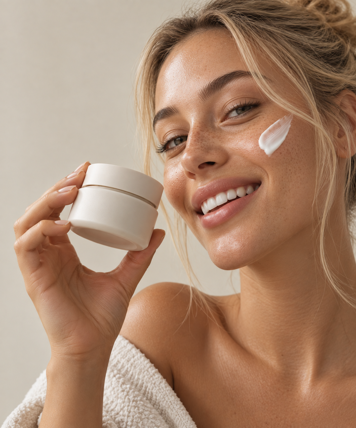 A woman pressing the formula into her skin, jar still in hand